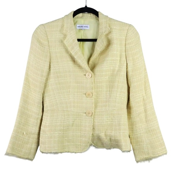Gerard Darel Tweed Jacket Womens Size 36 Yellow Single Breasted 3 Button Fringe - Picture 1 of 9